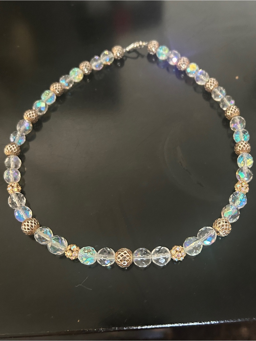 VTG 80s Handmade Aurora Borealis Crystal Necklace Faceted Beaded Bridal